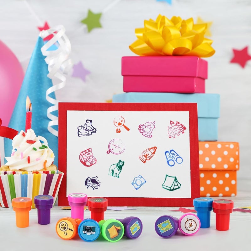 Lemicin 24 Pcs Camp Stampers Camping Mini Adventure Holiday Stamps Colorful Self Inking Birthday Party Supplies Favors for Boys Girls Student School Classroom Rewards Carnival Prizes Supplies - Image 3